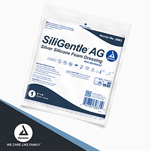 Dynarex SiliGentle AG pansamente din spumă siliconică argintie, îngrijirea rănilor, moale și absorbant, alb, 6 x 6 pansament