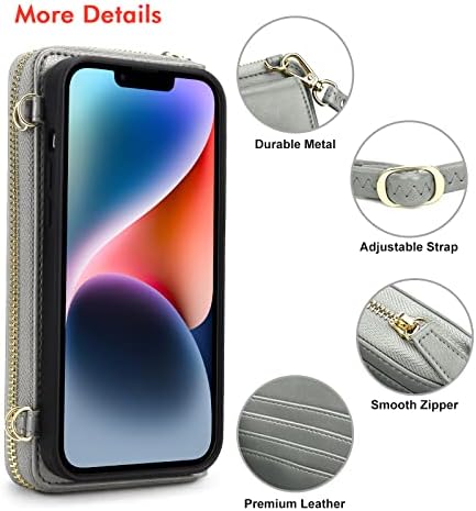 Nuoku conceput pentru portofel iPhone 14 Plus, Portofel Magnetic detașabil Crossbody compatibil cu Carcasă iPhone 14 Plus, geantă cu fermoar cu 2 curele cu fermoar cu suport pentru card de blocare RFID pentru femei