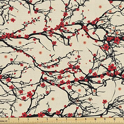 Țesătură cu flori de cireș Ambesonne lângă curte, ramuri vii de copaci de grădină japoneză ornamente inspirate de natură, țesătură decorativă pentru tapițerie și accente de casă, 5 metri, Bej stacojiu