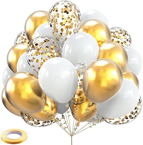 Baloane de aur 60 pachet 12 inch mat alb Metal aur și Confetti Latex Globo balon vrac cu 33 Ft panglică de aur pentru nunta petrecere de aniversare logodna de absolvire decoratiuni de dus de mireasa