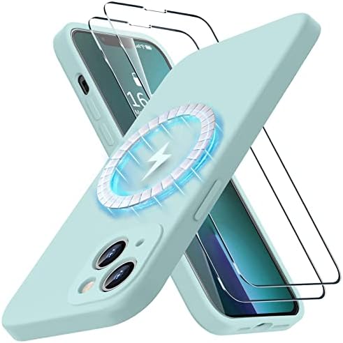 Bosskiss compatibil cu carcasa magnetică din silicon iPhone 13, pentru încărcarea rapidă a Magsafe, [Velfelat Touch] [2 × 9H protector de ecran de sticlă temperat], carcasă de protecție integrală, mentă