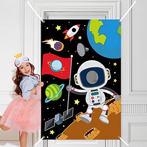 MELTELOT Outer Space Astronaut Photo Door Banner, 5x3ft Astronaut Face game Supplies, Astronaut Pretend Play Party Game Photography
