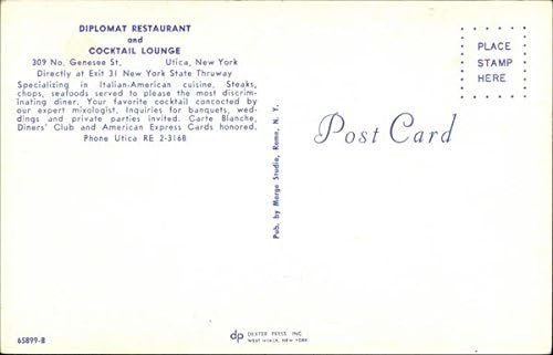 Restaurant Diplomat și Cocktail Lounge Utica, New York NY Original Vintage Postcard