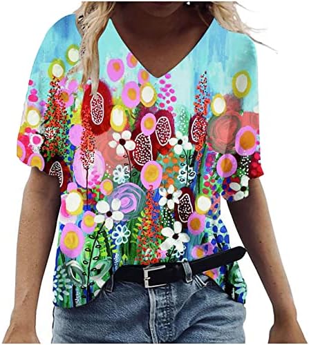 Fete adolescente Deep V gât din bumbac Floral Graphic Fit Fit supradimensionat Relaxat Fit Casual Casual Tricou pentru femei