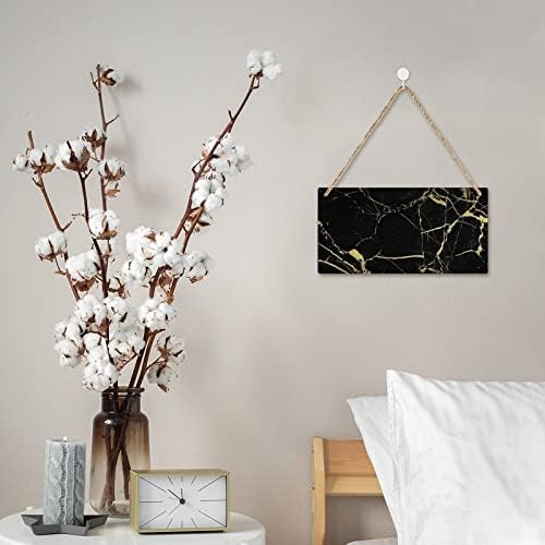 Textură de aur și marmură neagră Semn de lemn personalizat Placă din lemn Hanging Sign Art Art Decor cu frânghii pentru biroul de acasă