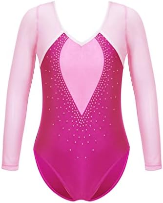 FEESHOW tricouri gimnastica pentru fete copii Sequined Mesh Splice Maneca lunga atletic Biketard Bodysuit performanță