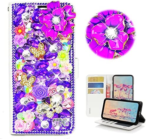 STENES Bling portofel telefon caz compatibil cu iPhone 13 Pro Max 6.7 inch 2021 caz-elegant-3D Handmade Rose Butterfly flori florale magnetice portofel Stand husă din piele-violet