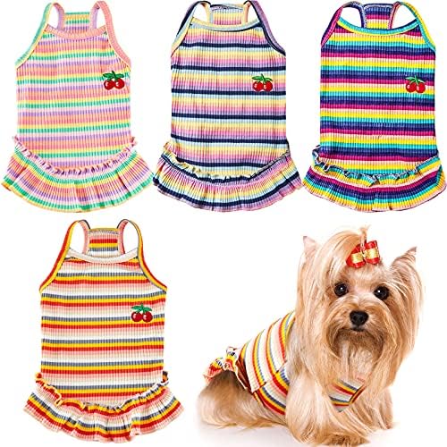 4 bucăți rochie de câini cățeluș fuste pentru câini cu dungi colorate haine de câini imprimate cireșe pentru animale de companie