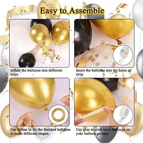RUBFAC 144pcs set de arc de ghirlandă cu balon negru și auriu, 5 10 12 18 inch baloane din Latex alb auriu negru pentru petrecerea