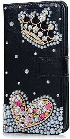 Fairy Art Crystal Wallet telefon caz compatibil cu Samsung Galaxy S22 Ultra-Crown Heart-negru-3D Manual sclipici sclipici Bling