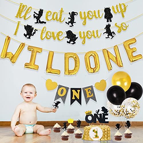Wild one Birthday Party Decorations Set, Black Gold Wild One Balloons, I ' ll Eat you Up I Love You So Banner, tort Toppers
