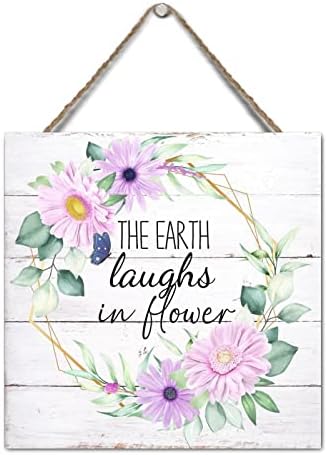 Decor personalizat Pământul râde în semn de flori agățat 12x12in de primăvară de vară coroană de flori plăci din lemn în stil