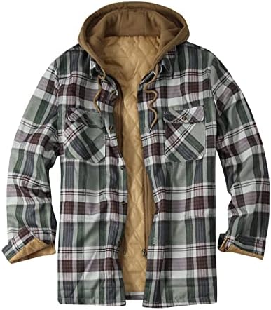 BEUU Jachete pentru cămăși pentru bărbați, haina cu glugă de iarnă, cu buton cald, cu bumbac, fermoar, găzduire casual, verificată