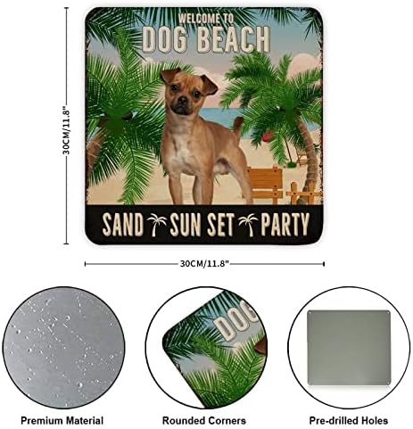 Placă de semne de metal amuzant de câine binevenit la câine plajă nisip soare petrecere în suferință pentru animale de companie