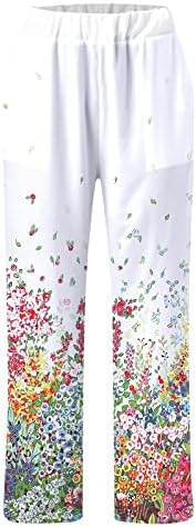 Femei Bumbac lenjerie pantaloni cu buzunare Vintage confortabil Elastic talie Palazzo pantaloni florale imprimare pantaloni pentru femei de afaceri