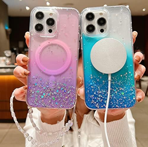Casus Magnetic Clear Glitter Proiectat pentru iPhone 14 Pro Max Carcasă curea de mână Bling Sparkle drăguț compatibil cu Magsafe Cover de 6,7 Purple