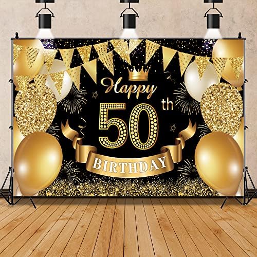 Happy 50th Birthday backdrop Banner, 50 de ani vechi Birthday Decorations Party Supplies Black And Gold Party Decorations pentru femei bărbați Tort Decor de masă Banner Photo Booth recuzită