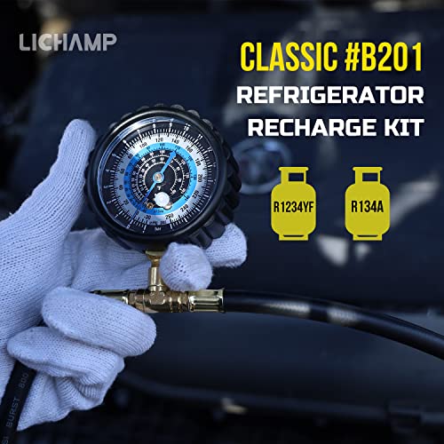 LiCHAMP R1234YF Kit de reîncărcare a refrigerantului, AC R134A Set de ecartament 1234YF include adaptoare și robinete CAN,