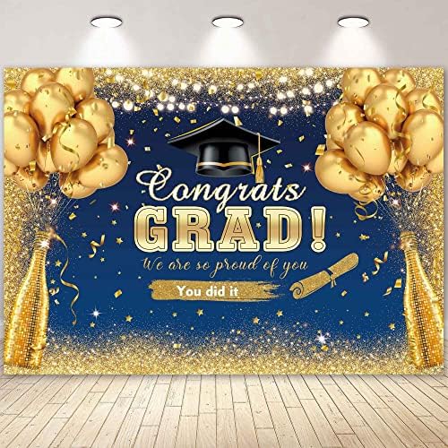 Livucee Felicitări fundal de absolvire Banner de bal pentru sărbătorirea Absolvirii 2023 Decorațiuni de petrecere cu baloane cu sclipici albastre și aurii fundal fotografie Haine de masă 7x5ft