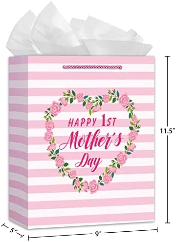 WaaHome Happy First Mothers Day Gift Bag cu hârtie absorbantă, 11,5 Pink Flower 1st Mothers Day Paper Bag cu mâner, Mothers