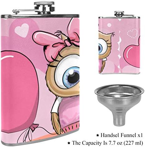 Hip Flask pentru lichior din oțel inoxidabil Leakproof cu pâlnie 7.7 oz capac din piele mare cadou idee Flask - Pink Owl