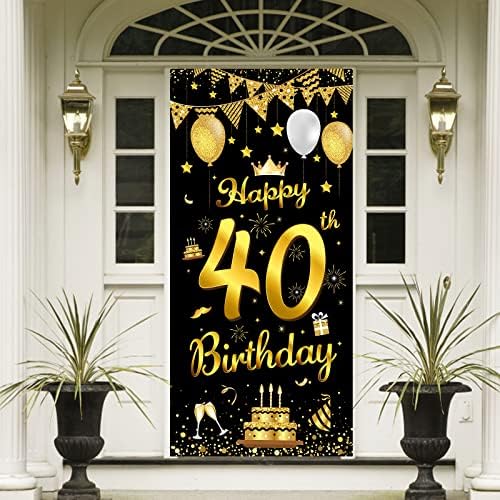 Banner de 40 de ani, Decorațiuni de petrecere din Aur Negru de 40 de ani fundal și Banner de ușă pentru femei,decor De Petrecere