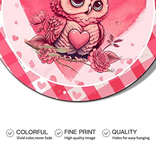 Round Metal Metal Valentine's Day Semne de coroană Whooooo Loves You Owl pe ramură roz Tin Sign Anniversary Art Artă Rustic