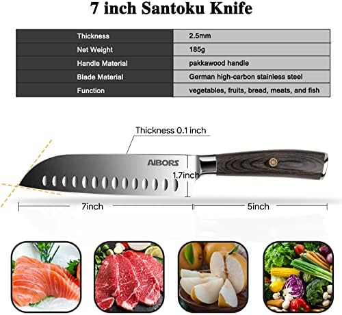 Cuțit Aibors Santoku-cuțit de bucătărie profesional de 7 inci cu oțel inoxidabil German 7Cr17Mov, Mâner Ergonomic Pakkawood