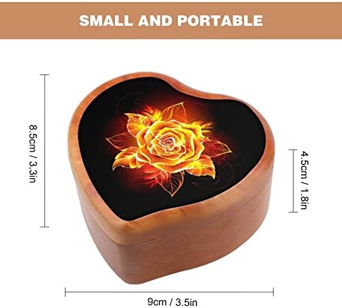 Nudquio Blooming Fire Rose Forme de inimă cu cutie de muzică din lemn vintage Clockwork Box Musical Birthday Day's Day Cadou