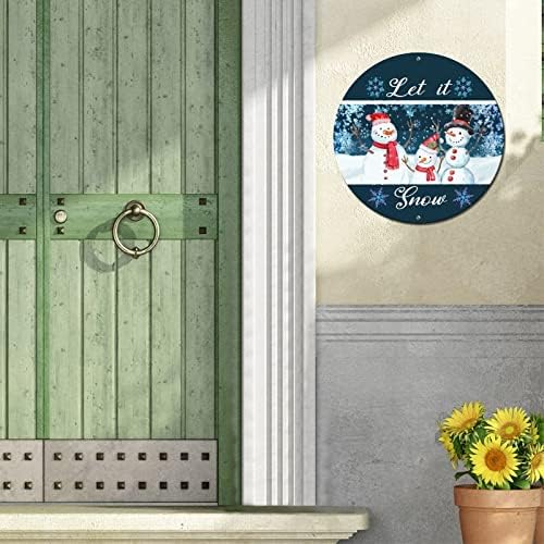 Placă cu semn de staniu din metal rotund Lăsați -l pe zăpadă om de zăpadă și fulg de zăpadă Vintage Coroană Semne Rusty Bar