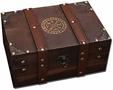G8,3 lemn și piele The Runic Viking Compass Chest Box, Vegvisir Gravat din lemn cu căptușeală din catifea, cutie de tarot