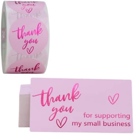 500 Piese Roz mulțumesc autocolante 1.5 inch & amp; 120 piese Roz mulțumesc carduri de afaceri mici