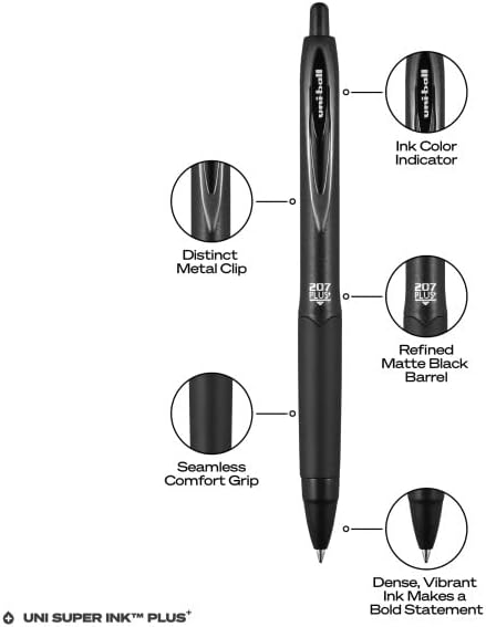 uni-ball 207 Plus + pixuri retractabile cu Gel 36 pachet negru cu vârfuri de stilou mediu de 0,7 mm - Uni-Super Ink+ este neted,
