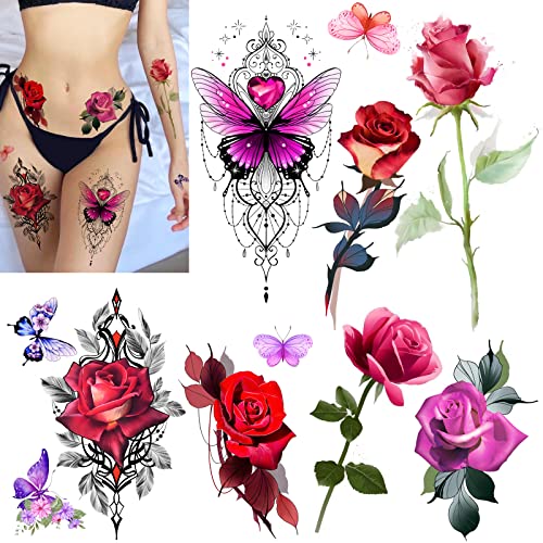 Roarhowl uimitoare Flori de trandafir Tatuaje temporare, tatuaje mari de trandafiri pentru femei, set de tatuaje de trandafir