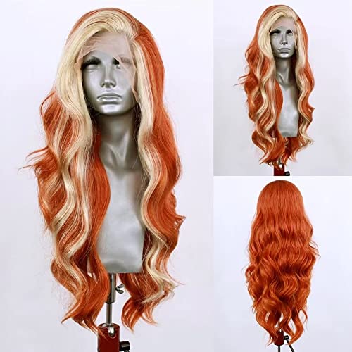 Rongduoyi RDY Orange Highlight dantela fata peruca pentru femei portocaliu cu o blonda fata Streak peruca sintetica cu linia