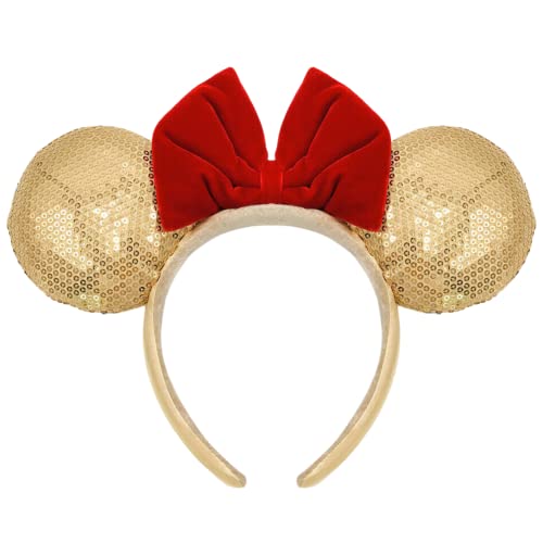 Needzo Gold Tone Sequins Mouse Ears Headband cu fundă roșie, bentițe de Crăciun pentru femei, Accesorii de păr de Crăciun de