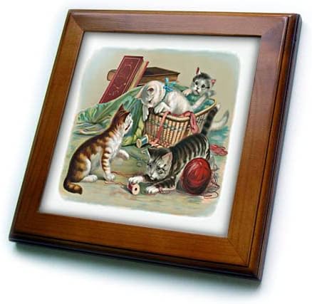 Imagine 3dRose a picturii Vintage a patru pisici care se joacă cu panglici-Plăci încadrate