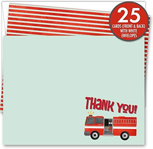 Koko Paper Co Camion de pompieri Cărți de mulțumire | 25 de cărți și plicuri cu note plate | Tipărit pe stoc de carduri grele.