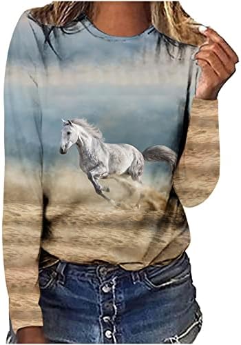Oplxuo hanorac cu imprimeu de cai pentru femei moda 3d tipărire tricou grafic crewneck cu mânecă lungă top la modă pulovere