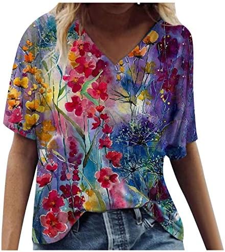 Tricou de top pentru doamne casual vara v gât cu acuarelă florală imprimat casual modă cu mânecă scurtă cu mânecă liberă moale