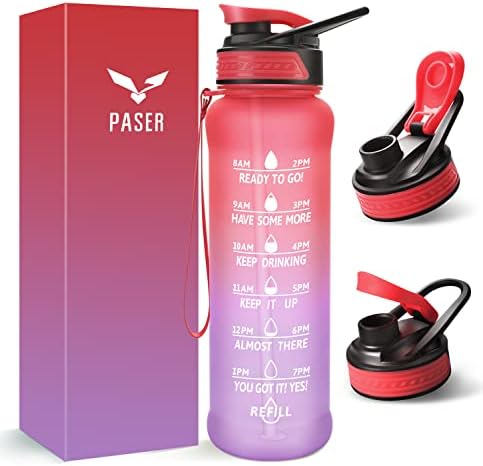 PASER 24/32 Oz Sticlă de apă motivațională cu timp pentru a bea, marcaj de paie și timp detașabil, Tritan fără BPA, Flip Capac