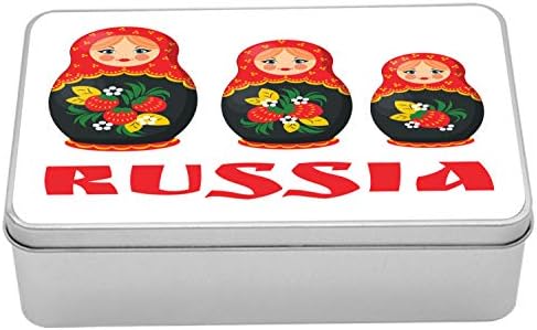 Cutie de metal rusesc din Ambesonne, cuibărită Matryoshka Dolls marcă a Rusiei, container cu cutie de staniu dreptunghiulară