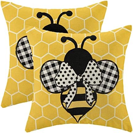 Giopamgo Hellow Pillow Huse 18x18 Set de 2, Bee Summer Honeycomb Decorațiuni pentru fermă Aruncați Pillow Huse Beehive HoneyBee