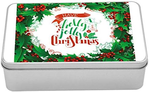 Cutie de metal de Crăciun Ambesonne, aveți o scrisoare fericită de Crăciun cu fructe de fructe roșii, tipărit cadru, container