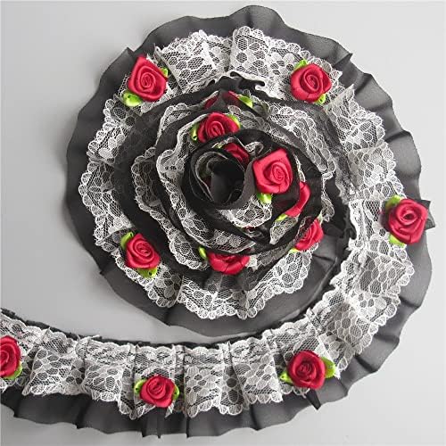 3 metri alb negru cu 2 straturi de broderie plisată plisată roșie roz flori de rufină din dantelă panglică șifon țesătură de