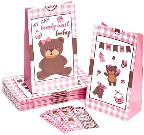 Eartim 24pcs ursuleț de pluș partid favoarea saci cu autocolante, roz maro urs hârtie pungi cadou putem Bearly așteptați Baby