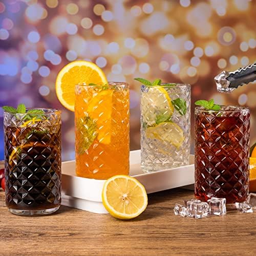 pahare de băuturi din sticlă megarte vintage - 12 oz grilă de grilă cu set de paie de 6 pahare de cocktail highball pentru