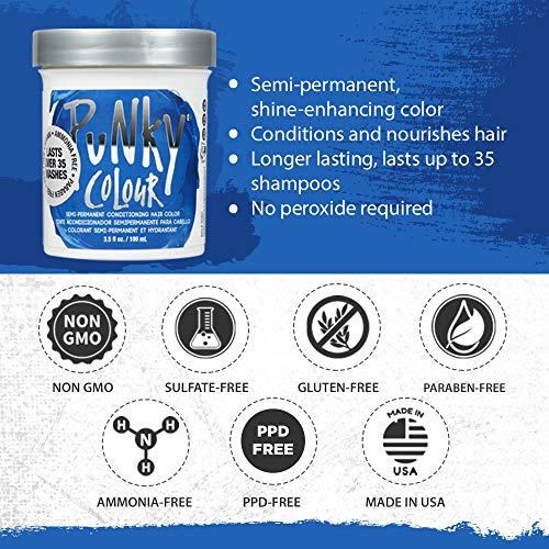 Culoarea părului condiționat semi-Permanent Punky Atlantic Blue, Vegan, PPD și fără parabeni, durează până la 35 de spălări,