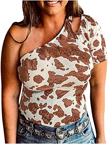 Blaturi de vară pentru femei 1 lateral fără butucuri de cow Tricou imprimeu tricou pullover cu mânecă scurtă cu mâneci înclinate
